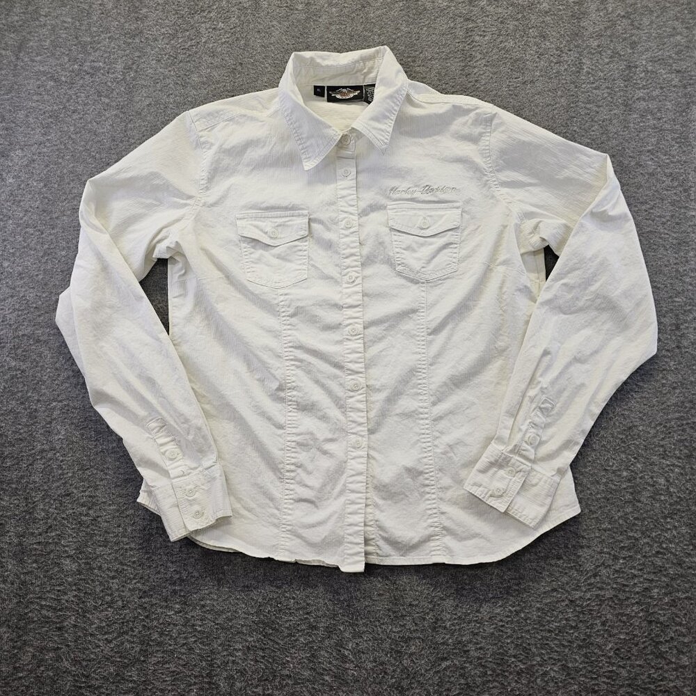 Harley-Davidson Button Up Shirt Womens XL White Embroidery Logo